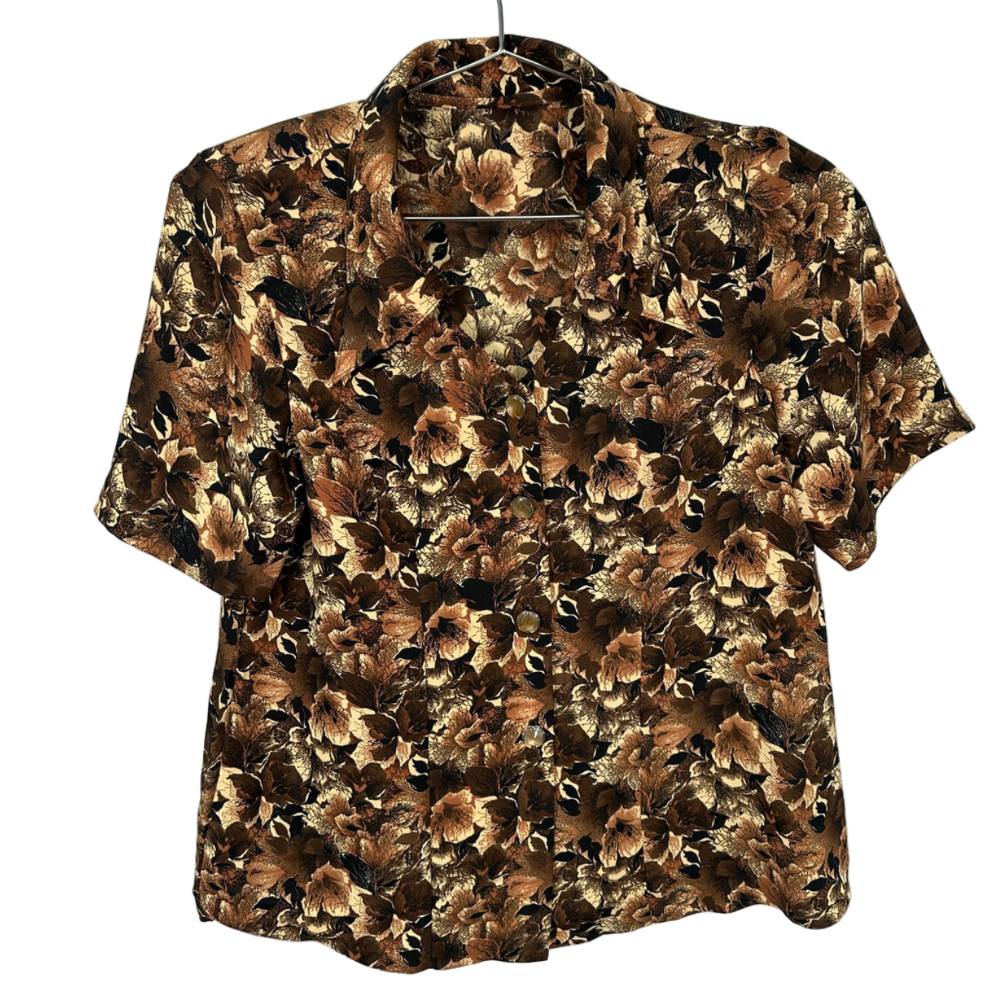 Vintage 80's‎ Brown Flower Button Up Collared Shirt Large
